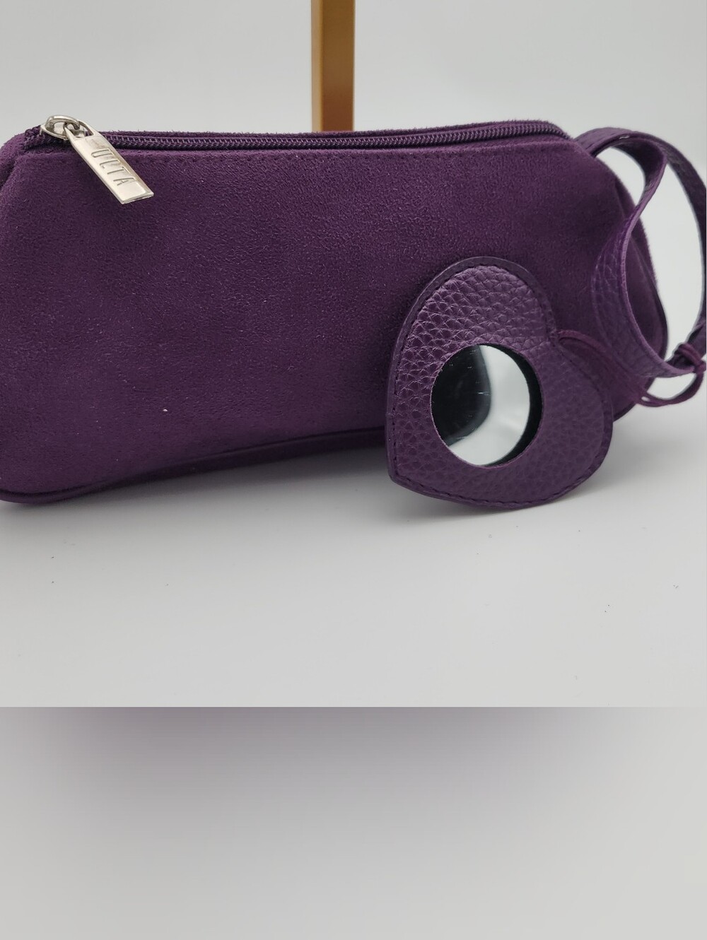 Ulta Purple Suede Wristlet Travel Bag With Heart Mirror Case